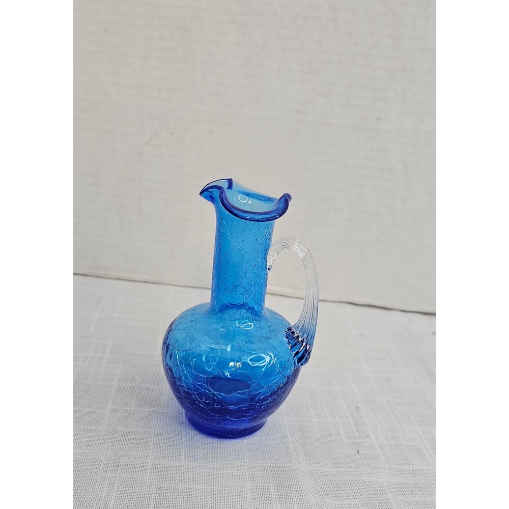 Vintage Hand Blown Blue Crackle Art Glass Pitcher Vase 4.5" W/ Applied Handle